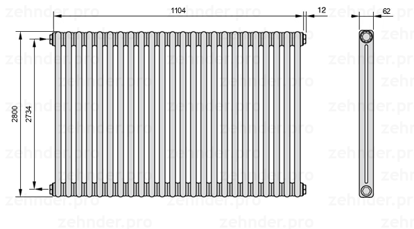 Схема (чертеж) Радиатор Zehnder Charleston 2280/24 №1270 Белый глянцевый RAL 9016